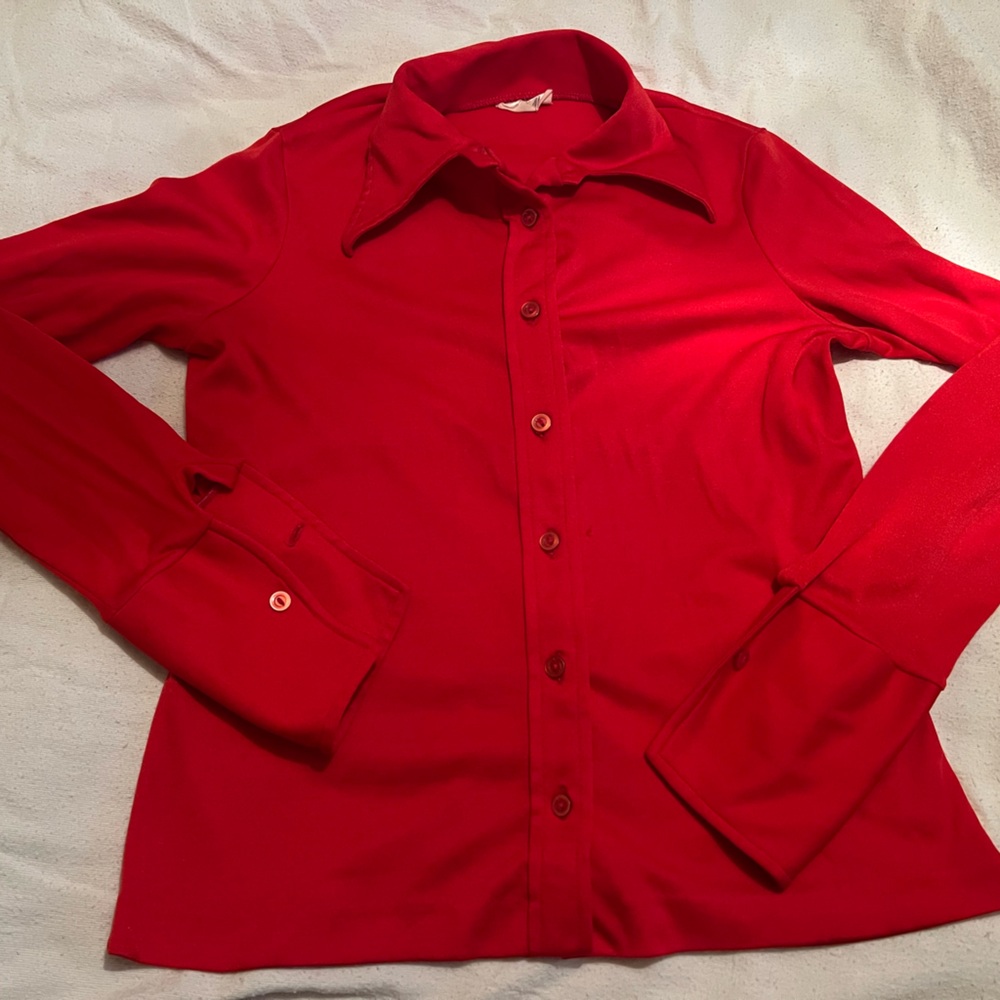 PERTINI Vibrant Red Vintage Red Polyester Button Down - No Size Tag Read Below